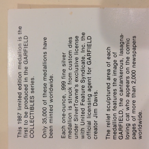 Garfield 1987 first limited collectes series silver coin .999 medallion. - Picture 5 of 9